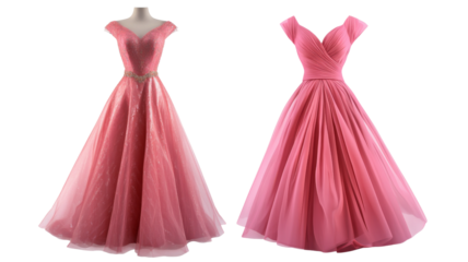 Two elegant pink long dresses on invisible mannequins with transparent background