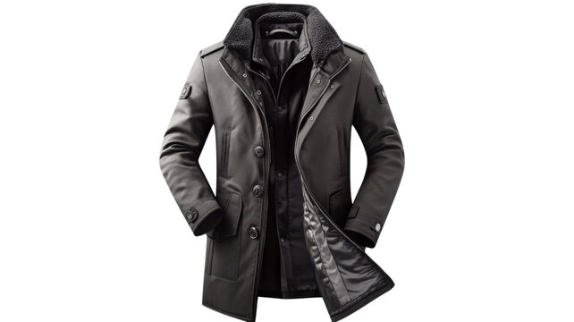 Stylish winter jacket open showing inside lining on transparent background