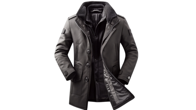 Stylish winter jacket open showing inside lining on transparent background