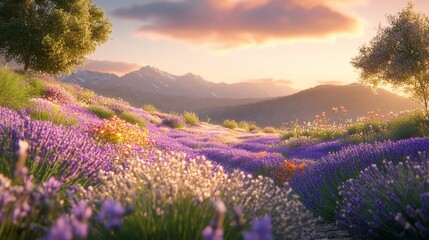 Vibrant lavender field at sunset, rolling hills, mountains backdrop.
