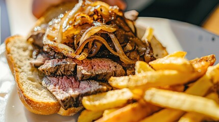 Thick Slices of Medium Rare Steak Sandwich with Caramelized Onions
