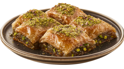 Delicious baklava portions garnished with pistachios on a plate with transparent background