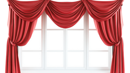 Elegant red curtains covering a window with transparent background