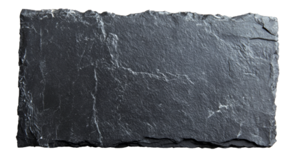 Rectangular black slate plate with rough edges on transparent background