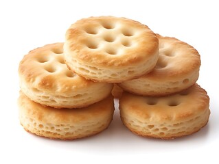 Golden baked crackers stacked, white background
