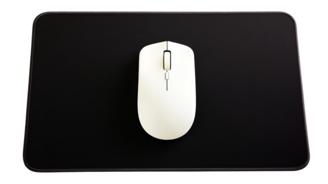 Wireless mouse positioned on black mousepad with transparent background - Powered by Adobe