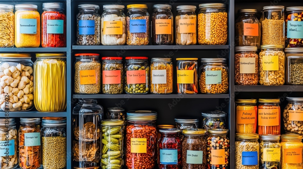 Aufkleber a neatly organized pantry featuring multiple jars filled with various food items for easy access