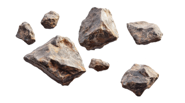 Set of levitating stones with transparent background, creating a surreal and dynamic composition