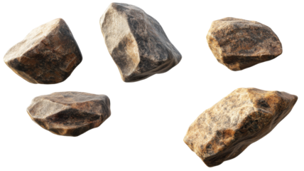 Five floating rocks isolated on transparent background