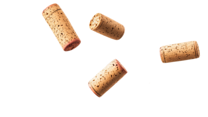Four champagne corks falling on transparent background