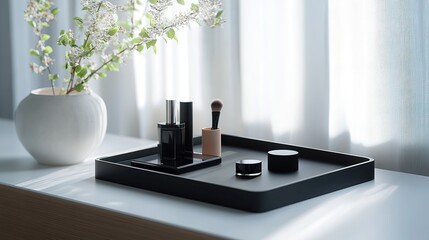 Elegant black cosmetic products displayed on tray near flowers