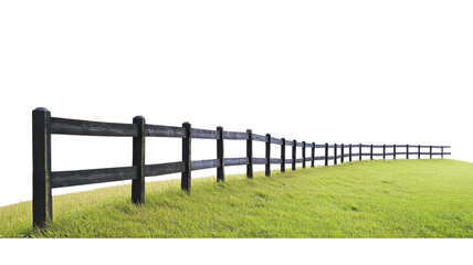 Obraz premium Black wooden fence defining the boundary of a green meadow with transparent background