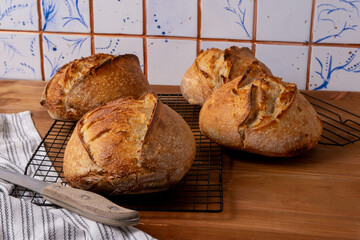 Crossed bread from wheat and rye flour on the sourdough. Bread on the sourdough. Homemade Crusty...