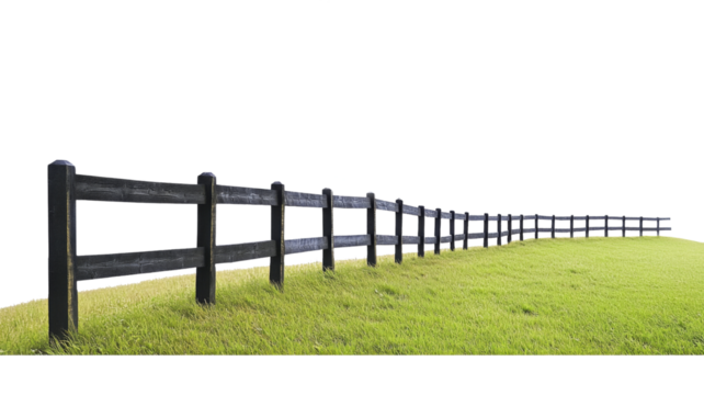 Black wooden fence defining the boundary of a green meadow with transparent background