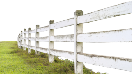 White wooden fence defining boundary in rural landscape with transparent background