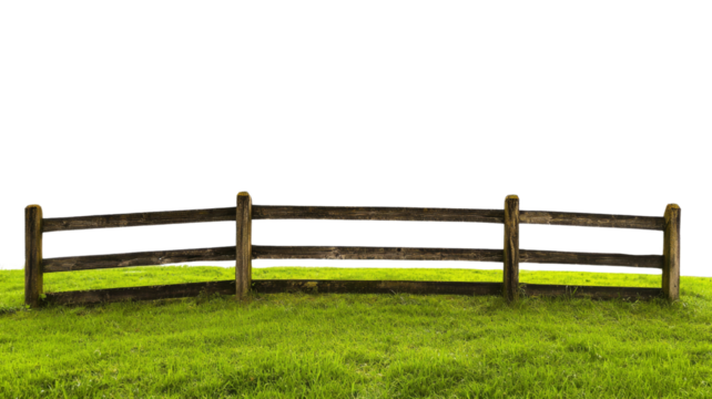 Wooden fence dividing green meadow with transparent background