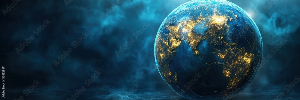 Poster futuristic globe representation with luminous highlights and layered structures emphasizing global d