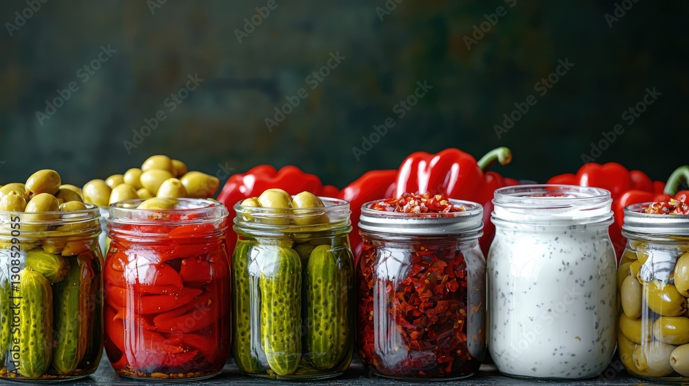 Poster a colorful array of pickled vegetables displayed in jars showcasing unique flavors and textures