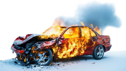 Burning car crash with transparent background: damaged vehicle engulfed in flames