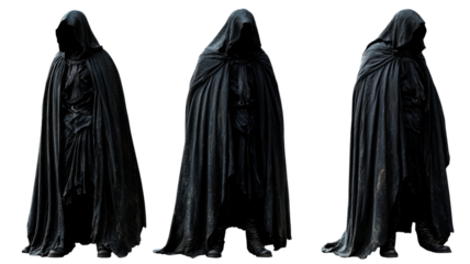 Grim reaper wearing dark cloak standing on transparent background