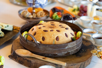 Turkish Curtain Pilaf ( Perde Pilavi). Pilaf covered with almond and raisin dough. Local food...