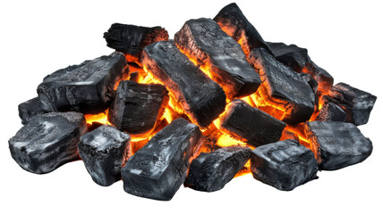 Burning charcoal embers glowing on transparent background