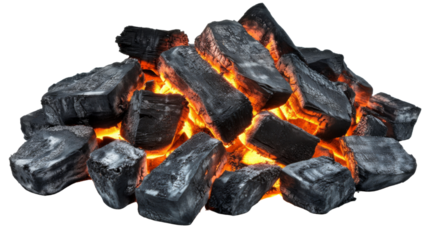 Burning charcoal embers glowing on transparent background