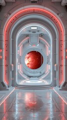 Digital technology white and red laboratory round booth poster background