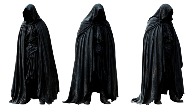 Grim reaper wearing dark cloak standing on transparent background
