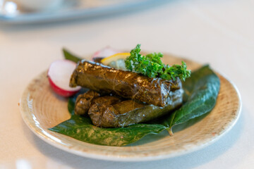 Stuffed vine leaves with olive oil. Dolma, delicious wrap found in traditional Turkish cuisine. Served with radish and lemon. Close-up.