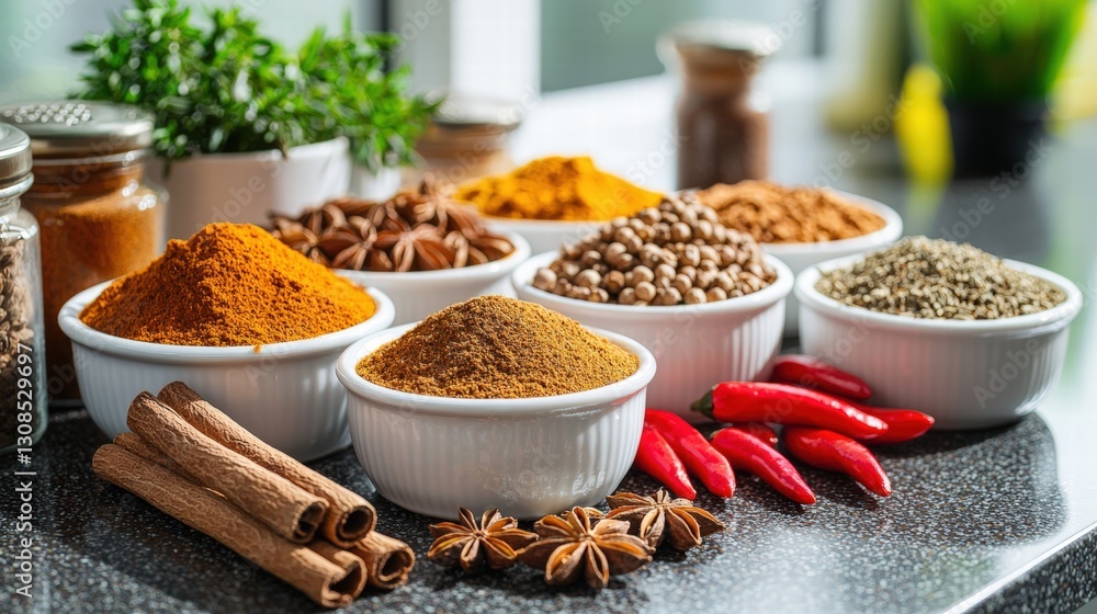 Poster a vibrant display of various spices arranged neatly in small containers for culinary use