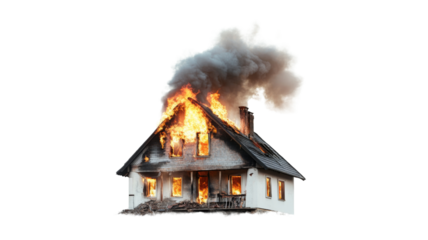 Burning house with transparent background isolated on checkered backdrop