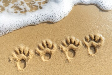 Dog paw prints on golden sand at the beach leading towards gentle waves in bright sunlight Generative AI