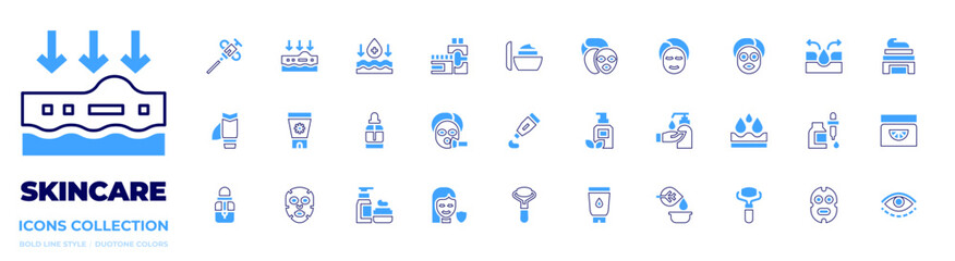 Skincare icon collection. Bold line style. Duotone colors. pores, cosmetics, moisturizer, eyes, sun cream, lotion, cream, face roller, serum, wrinkle, skincare