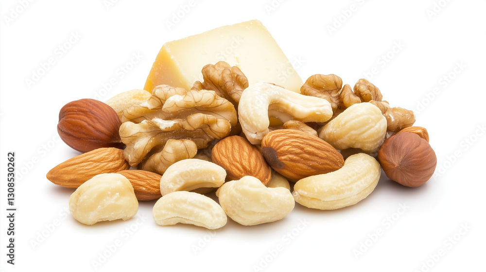 Poster nut and cheese medley: a tempting assortment of various nuts and a wedge of cheese, creating a perfe