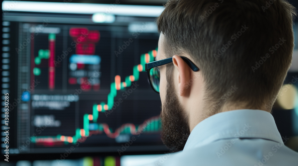 Poster the trader's insight: a focused man with glasses intently monitors financial graphs on a screen, cap
