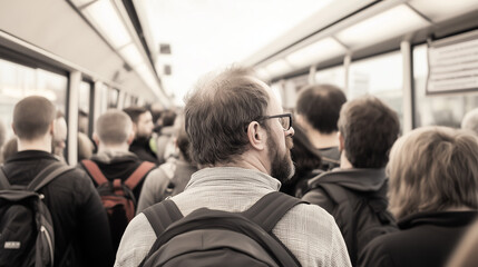 Caught in the Commute: A candid view captures the bustling interior of a train, filled with a diverse array of passengers during their daily transit.