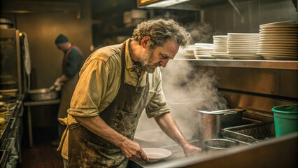 In a small restaurant kitchen, a man with tired eyes is washing dishes, his shoulders slightly slumped from fatigue. An atmosphere of work, sacrifice and dedication.