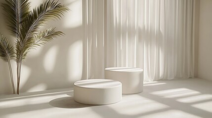 Minimalist podiums, sunlight, beige room