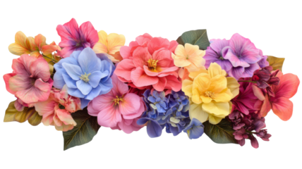 Colorful flower arrangement creating a vibrant floral border on transparent background