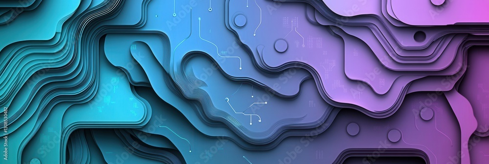 Poster futuristic paper art background showcasing abstract layered designs and digital circuits in cool ton