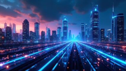 Fototapeta premium Wireless network nodes, A futuristic city glowing with vibrant wireless nodes beneath a twilight sky. Rendered with high detail.