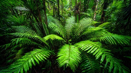 Lush Green Fern Fronds in a Tropical Rainforest