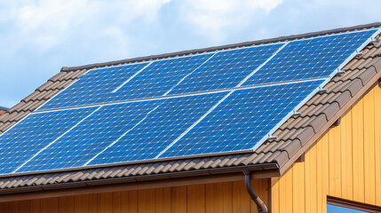Fototapeta premium Solar Panels on Roof: Solar panels gleam on a residential rooftop, harnessing the power of the sun against a backdrop of a clear, bright sky.