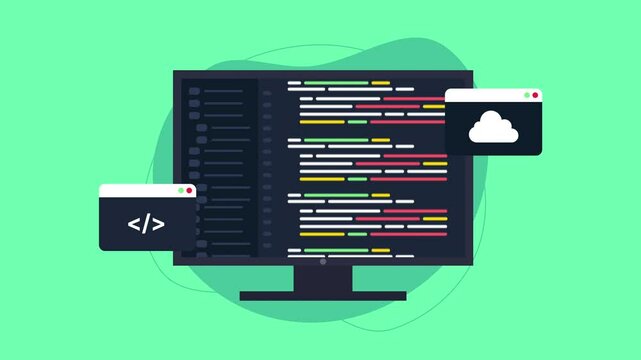 Programmer freelancers will appreciate code on a monitor with cloud computing icons. Suitable for tech blogs, freelance websites, coding platforms.