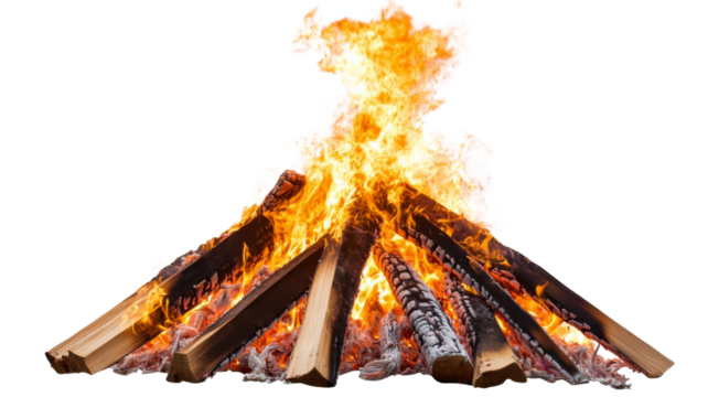 Bonfire burning with bright hot flames on transparent background