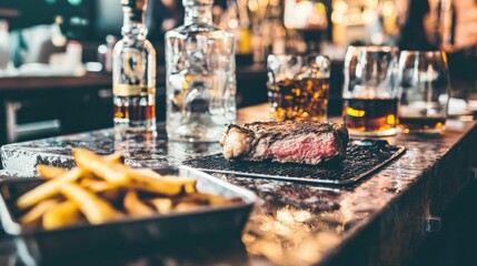 Vintage American Steakhouse Bar with Ribeye and Whiskey Display