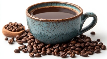 Fototapeta premium Blue coffee cup filled with aromatic coffee and coffee beans on white background