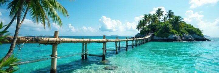 Obraz premium Precariously balanced bamboo bridge spans vibrant ocean to distant isle , travel, lush, ocean