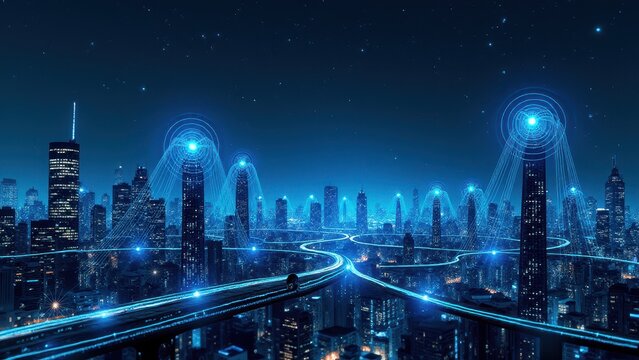 Wireless network nodes, Futuristic city with glowing wireless nodes under starry skies. Modern architecture in radiant blue signals